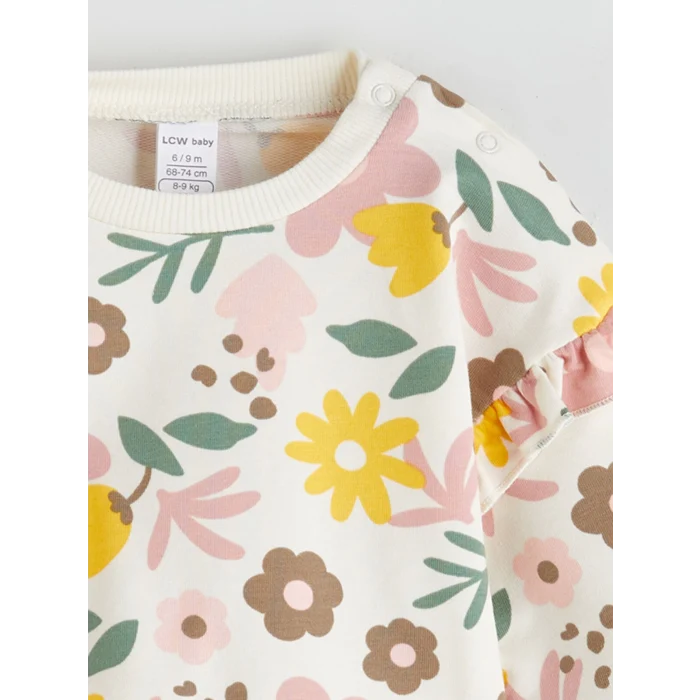 LCW baby Ekru Bisiklet Yaka Çiçekli Kız Bebek Sweatshirt ve Eşofman Alt 2li