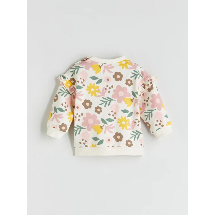 LCW baby Ekru Bisiklet Yaka Çiçekli Kız Bebek Sweatshirt ve Eşofman Alt 2li