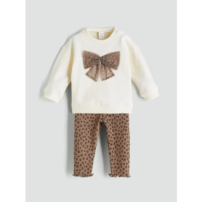 LCW baby Ekru Bisiklet Yaka Kurdele Detaylı Kız Bebek Sweatshirt ve Tayt 2li