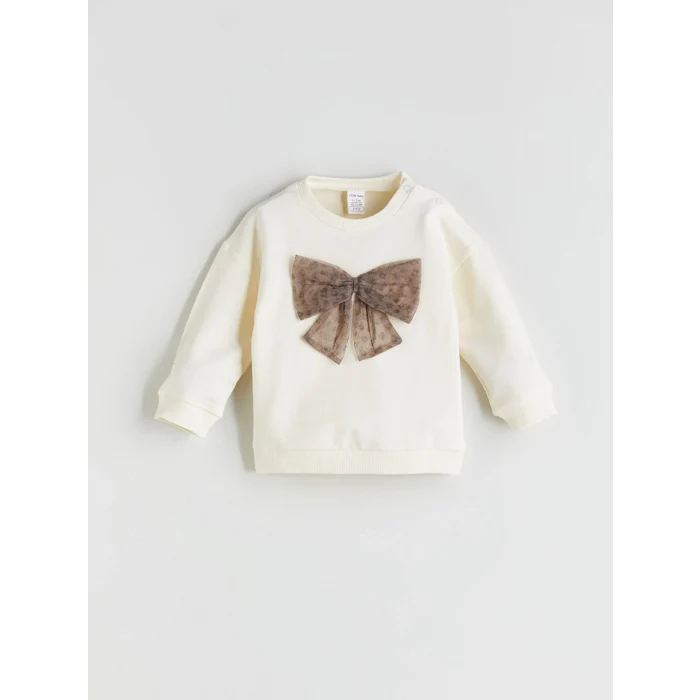 LCW baby Ekru Bisiklet Yaka Kurdele Detaylı Kız Bebek Sweatshirt ve Tayt 2li