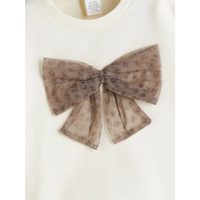 LCW baby Ekru Bisiklet Yaka Kurdele Detaylı Kız Bebek Sweatshirt ve Tayt 2li