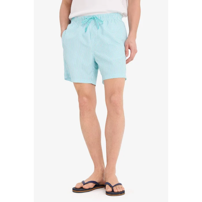 Defacto U0024 Turkuaz Çizgili File Astarlı Kısa Boy Deniz Şortu