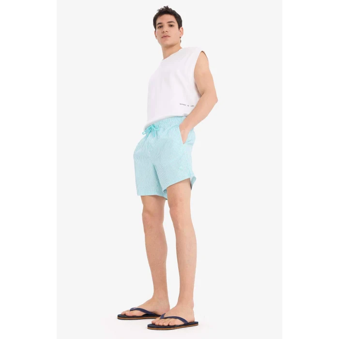 Defacto U0024 Turkuaz Çizgili File Astarlı Kısa Boy Deniz Şortu