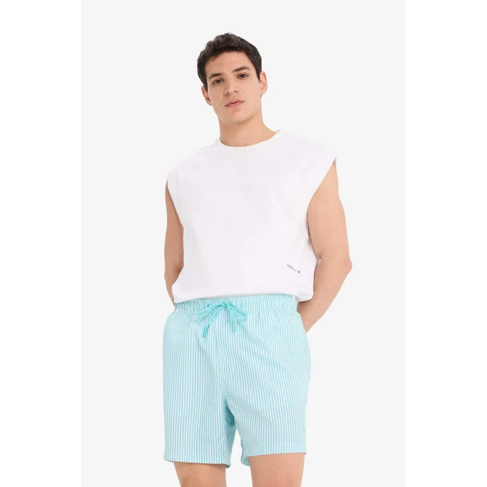 Defacto U0024 Turkuaz Çizgili File Astarlı Kısa Boy Deniz Şortu