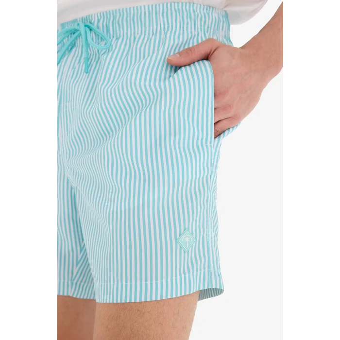 Defacto U0024 Turkuaz Çizgili File Astarlı Kısa Boy Deniz Şortu