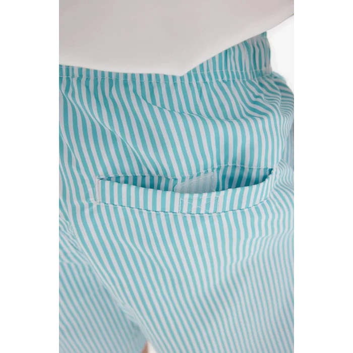 Defacto U0024 Turkuaz Çizgili File Astarlı Kısa Boy Deniz Şortu