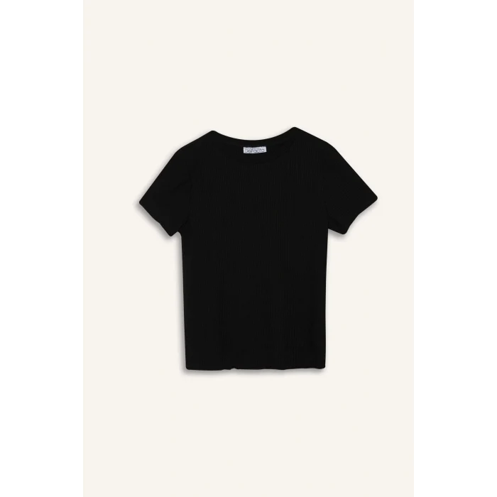 Defacto K7064 Siyah Fitted Bisiklet Yaka Basic Düz Fitilli Kaşkorse Kısa Kollu Siyah Tişört