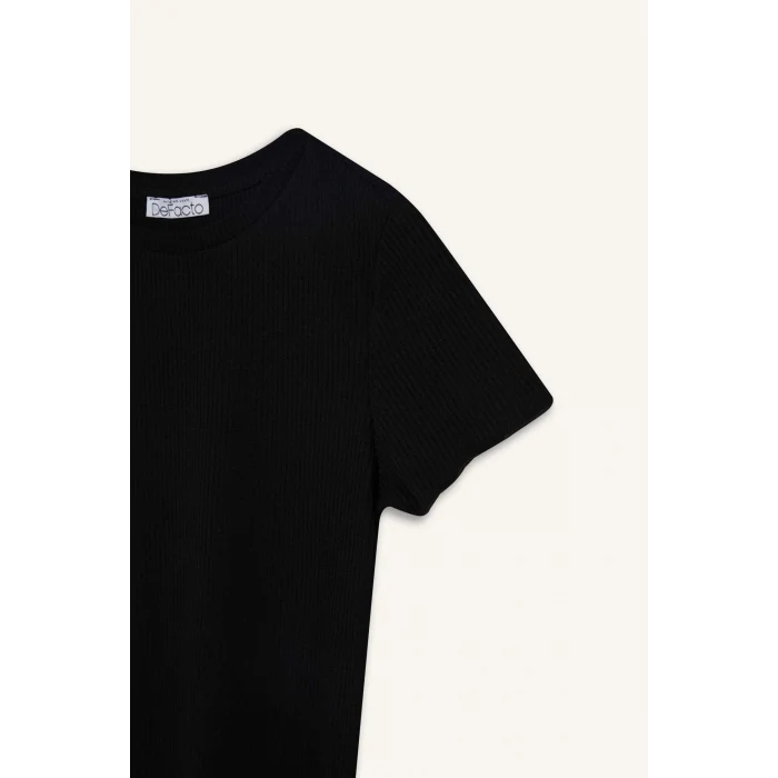 Defacto K7064 Siyah Fitted Bisiklet Yaka Basic Düz Fitilli Kaşkorse Kısa Kollu Siyah Tişört