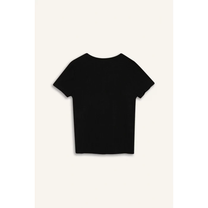 Defacto K7064 Siyah Fitted Bisiklet Yaka Basic Düz Fitilli Kaşkorse Kısa Kollu Siyah Tişört