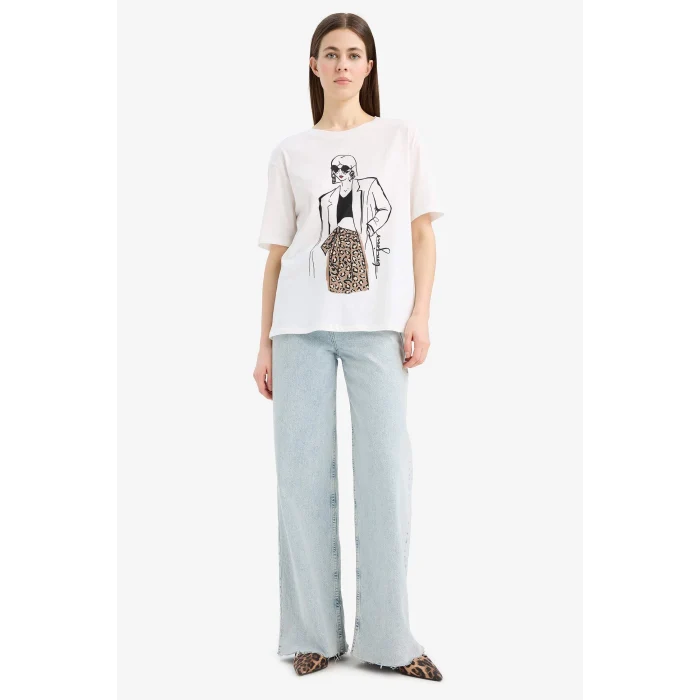 Defacto E5141 Ekru Regular Fit Bisiklet Yaka Kız Baskılı Penye Kısa Kollu Tişört