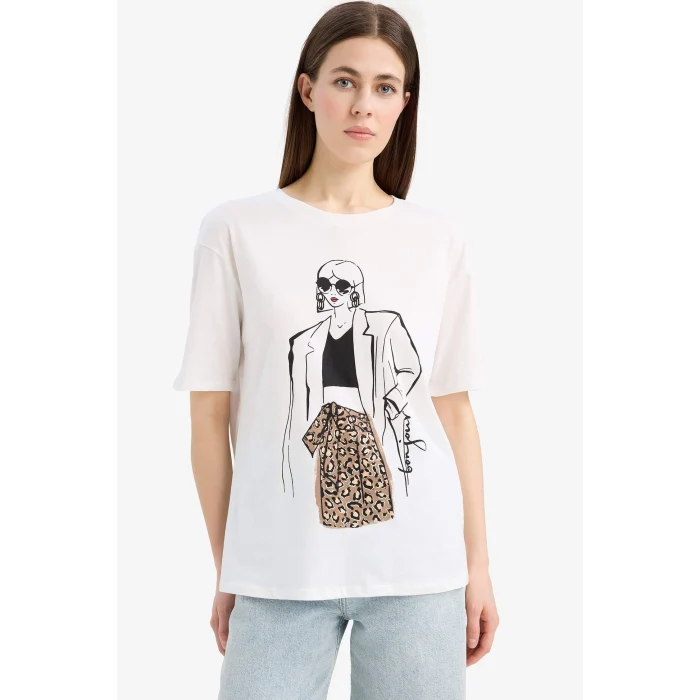 Defacto E5141 Ekru Regular Fit Bisiklet Yaka Kız Baskılı Penye Kısa Kollu Tişört