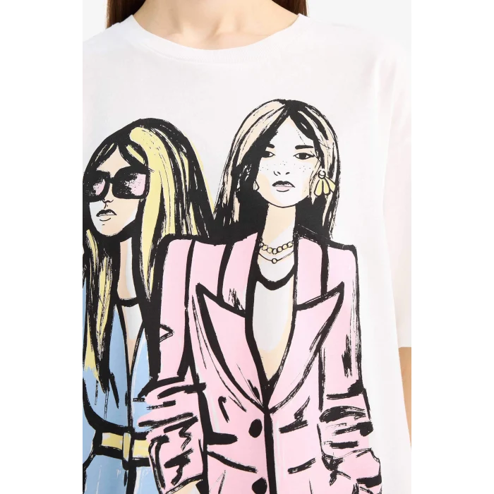 Defacto E5142 Ekru Regular Fit Bisiklet Yaka Kız Baskılı Penye Kısa Kollu Tişört