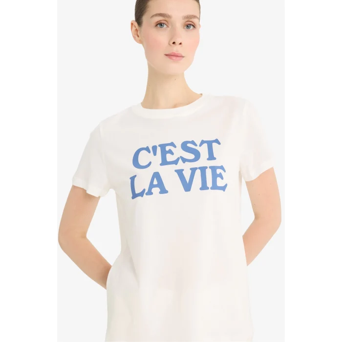 Defacto F5888 Ekru Regular Fit Bisiklet Yaka Baskılı Penye Kısa Kollu Tişört