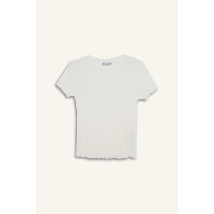 Defacto K7064 Beyaz Fitted Bisiklet Yaka Basic Düz Fitilli Kaşkorse Kısa Kollu Beyaz Tişört