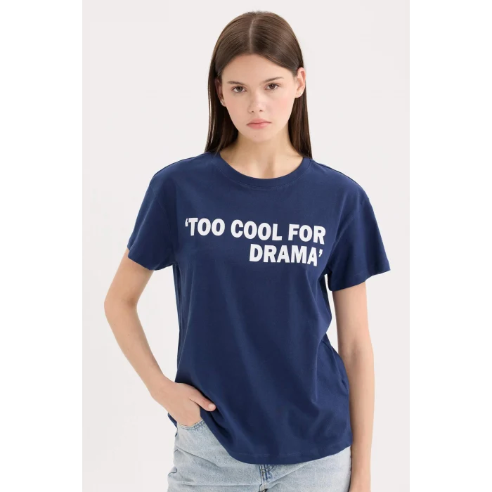 Defacto D9605 Lacivert Regular Fit Bisiklet Yaka Baskılı Kısa Kollu Tişört