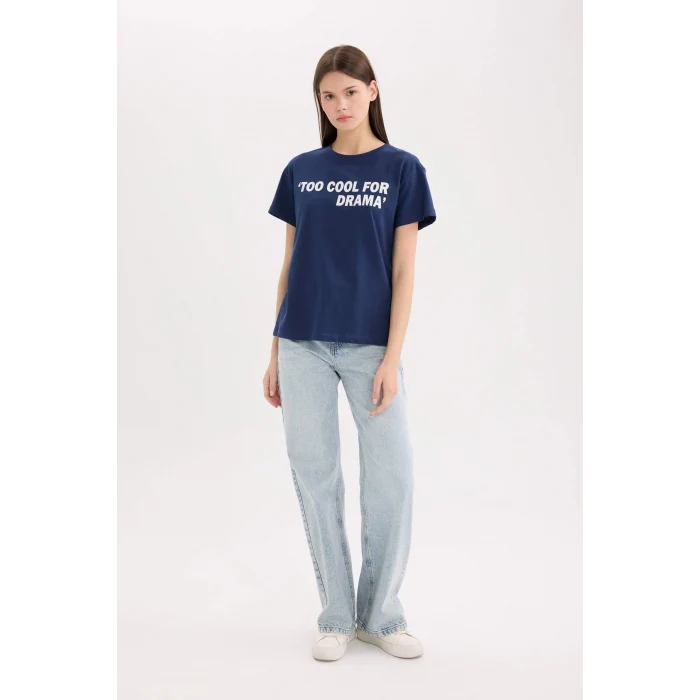 Defacto D9605 Lacivert Regular Fit Bisiklet Yaka Baskılı Kısa Kollu Tişört