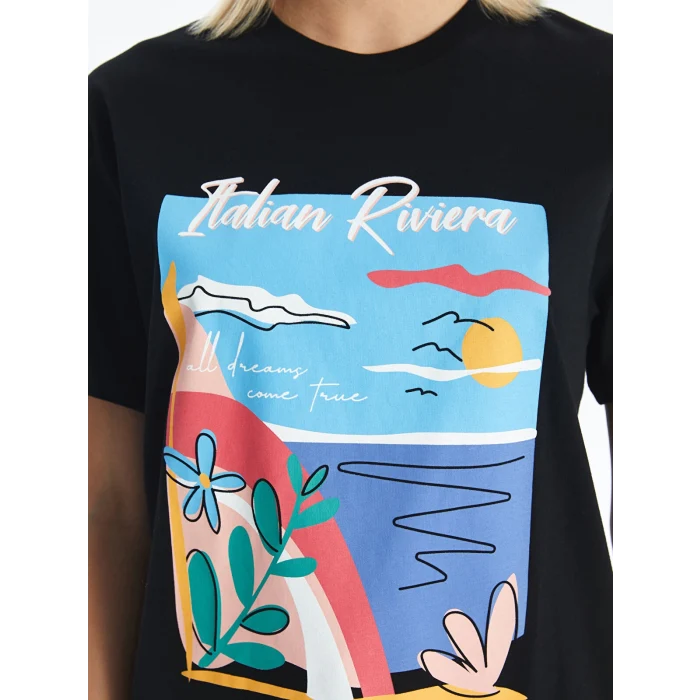 LCW Vision Siyah Bisiklet Yaka Baskılı Kısa Kollu Kadın Tişört