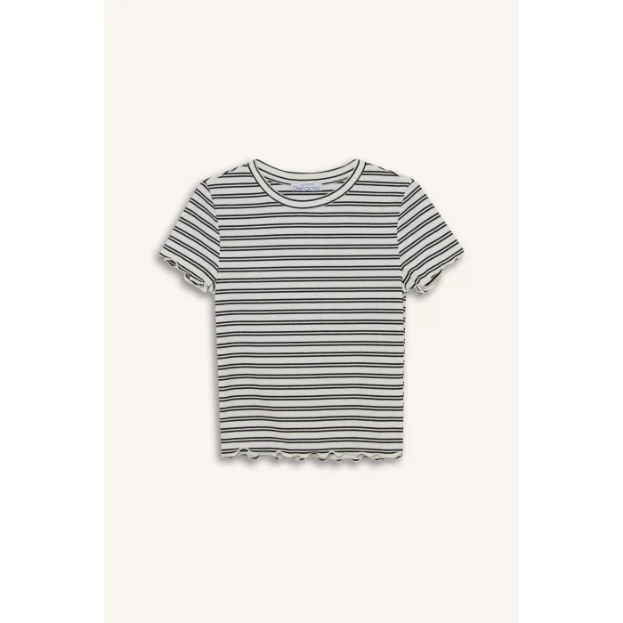 Defacto K1965 Beyaz Fitted Bisiklet Yaka Çizgili Fitilli Kaşkorse Kısa Kollu Tişört