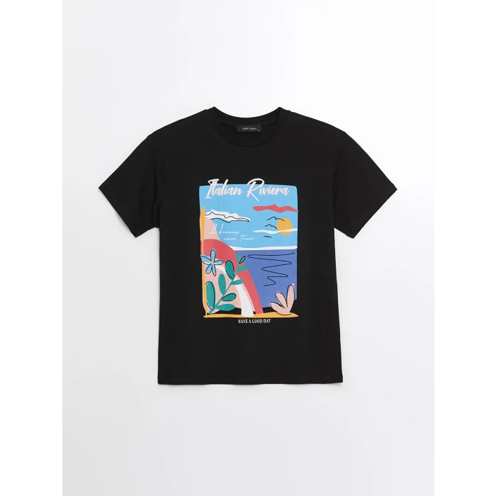 LCW Vision Siyah Bisiklet Yaka Baskılı Kısa Kollu Kadın Tişört