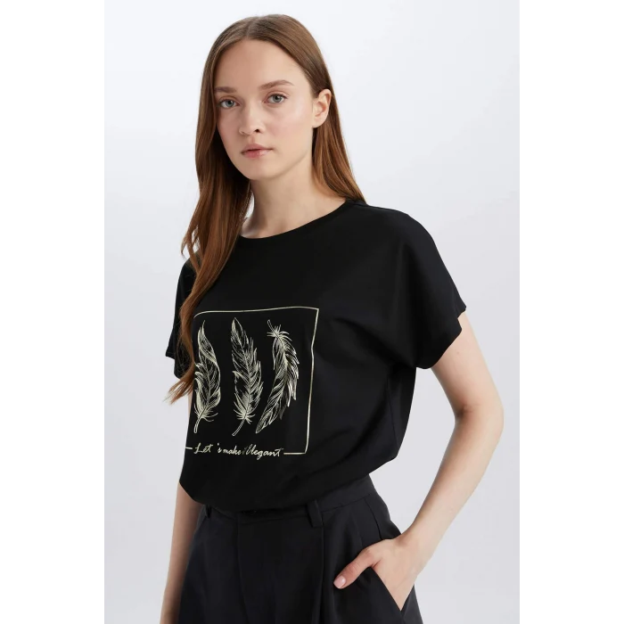 Defacto E3027 Siyah Regular Fit Bisiklet Yaka Baskılı Kısa Kollu Tişört