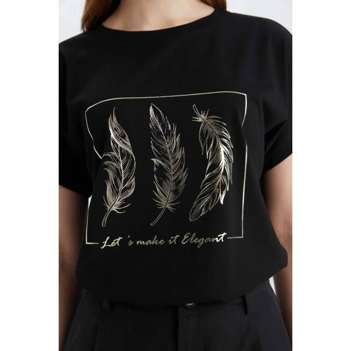 Defacto E3027 Siyah Regular Fit Bisiklet Yaka Baskılı Kısa Kollu Tişört