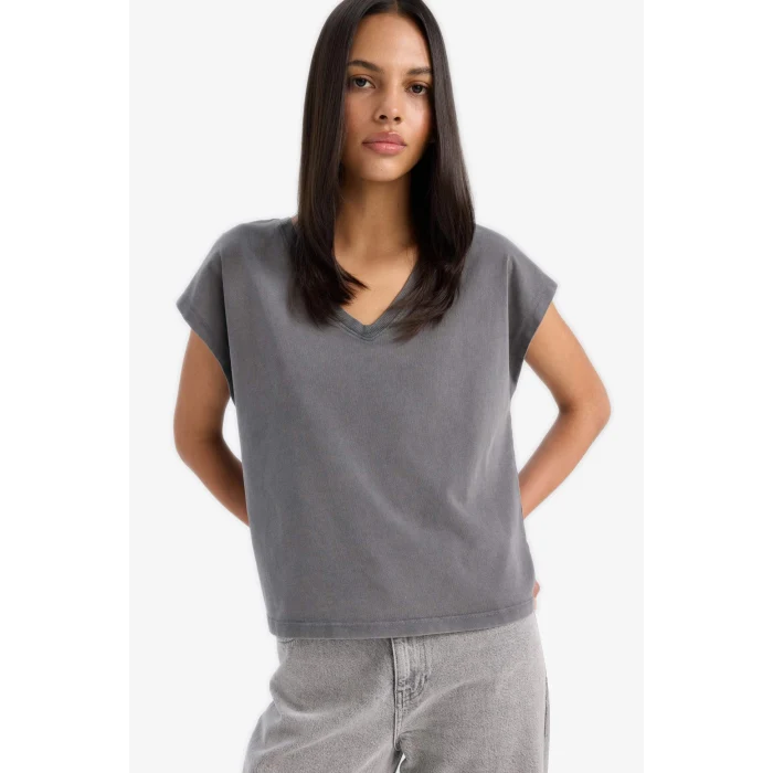Defacto E5486 Antrasit Regular Fit V Yaka Basic Düz Premium Kolsuz Tişört