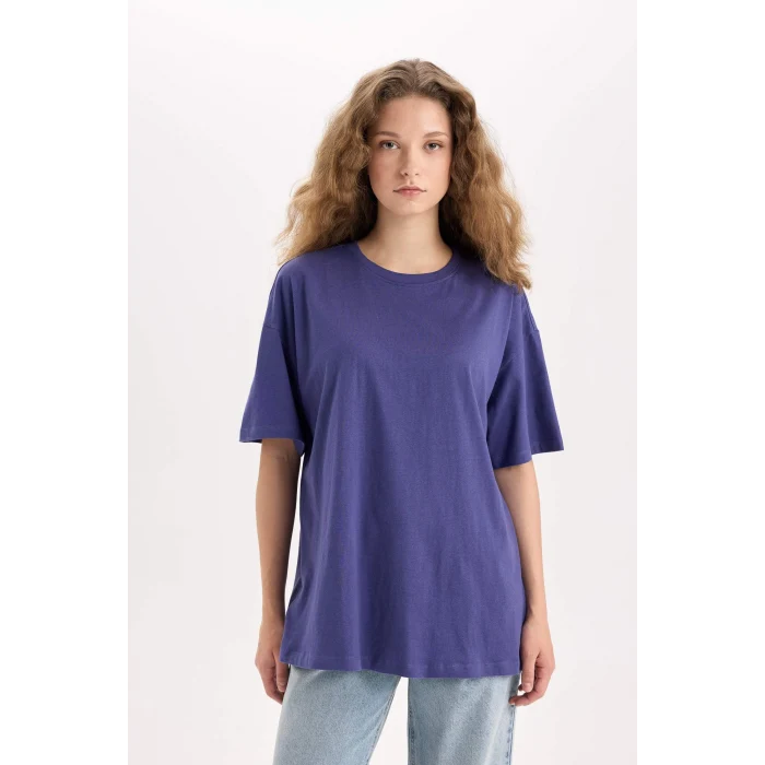 Defacto V4136 Mor Oversize Geniş Kalıp Bisiklet Yaka Baisc Düz Kısa Kollu Tişört