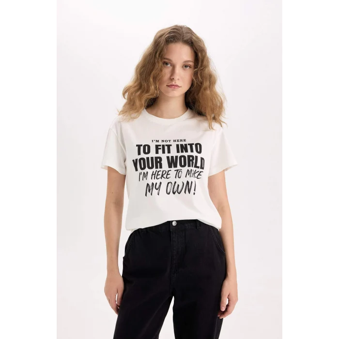 Defacto D9599 Beyaz Regular Fit Bisiklet Yaka Baskılı Kısa Kollu Tişört