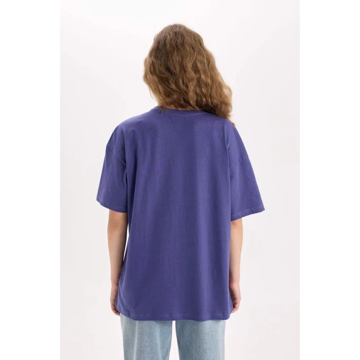 Defacto V4136 Mor Oversize Geniş Kalıp Bisiklet Yaka Baisc Düz Kısa Kollu Tişört