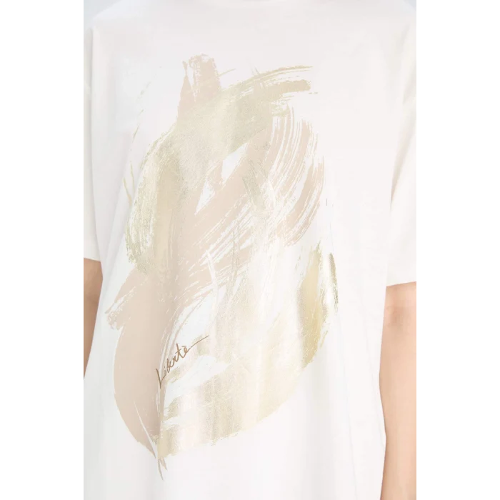 Defacto E5140 Ekru Regular Fit Bisiklet Yaka Baskılı Penye Kısa Kollu Tişört