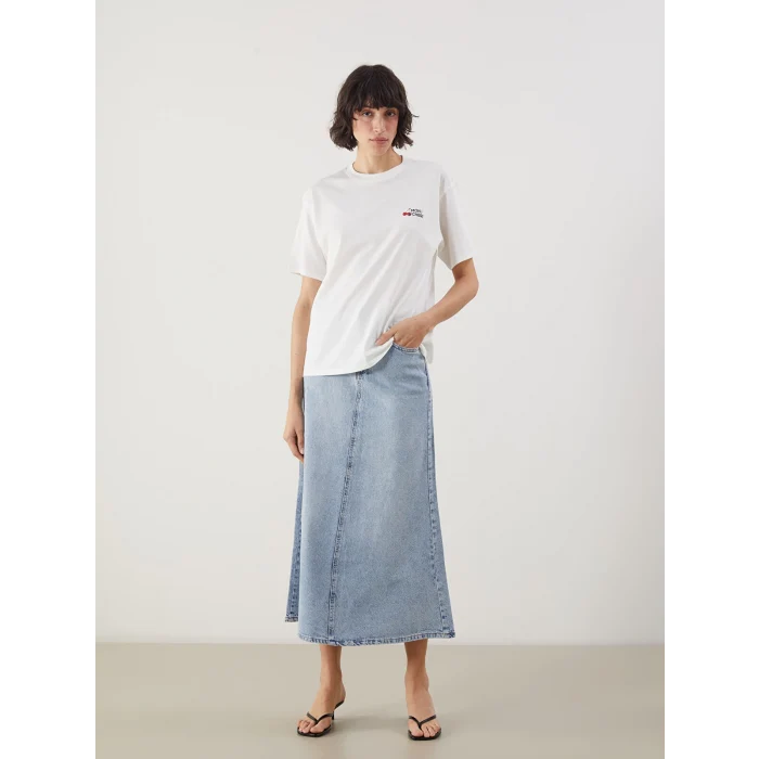 LCW Vision Ekru Bisiklet Yaka Baskılı Oversize Kadın Tişört