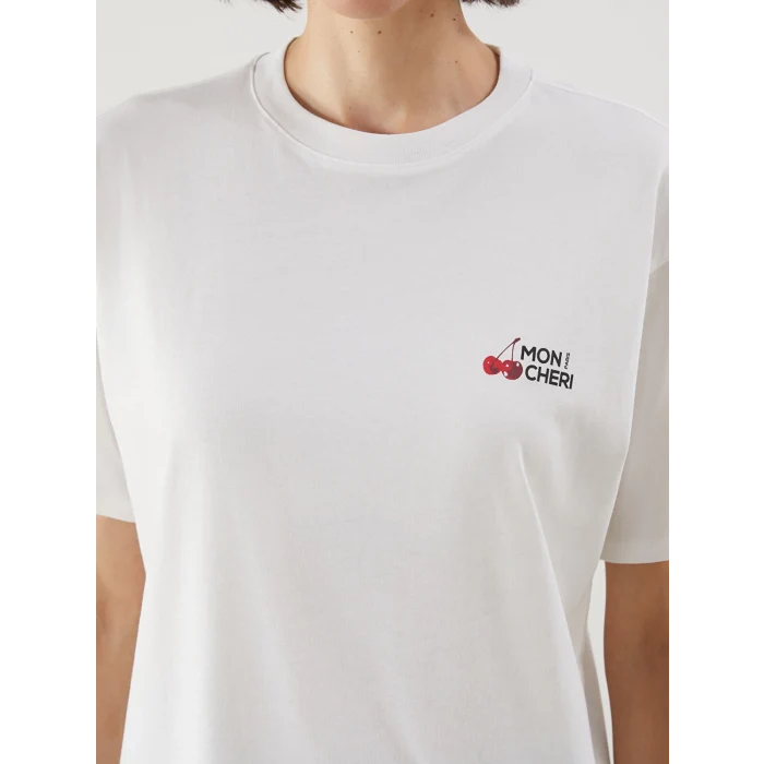 LCW Vision Ekru Bisiklet Yaka Baskılı Oversize Kadın Tişört