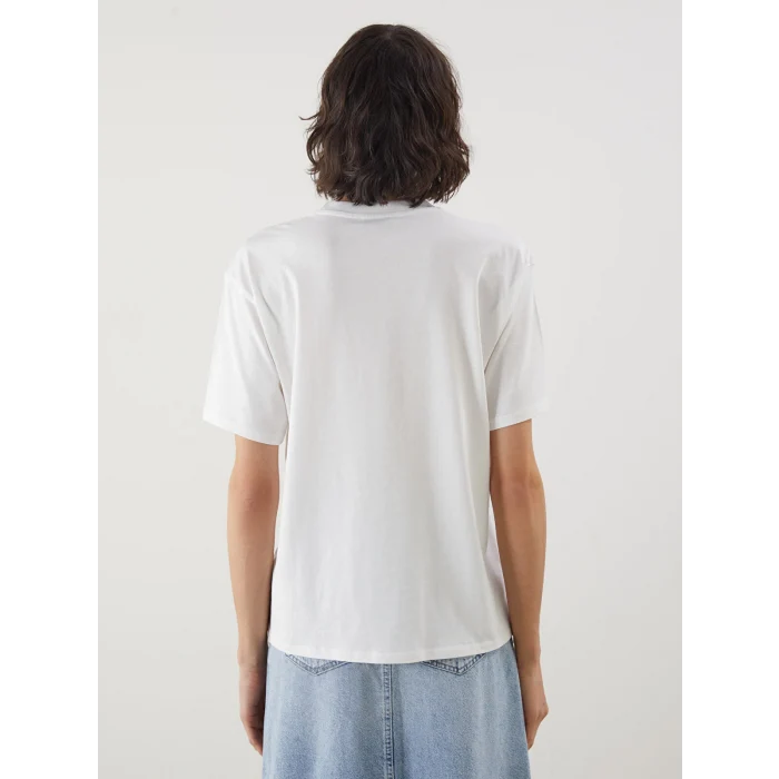 LCW Vision Ekru Bisiklet Yaka Baskılı Oversize Kadın Tişört