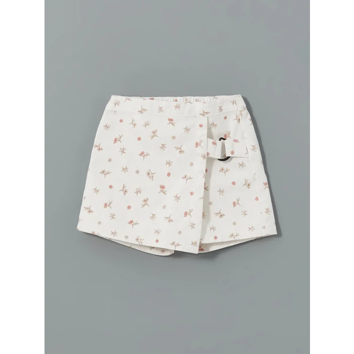 LCW Kids Ekru Beli Lastikli Çiçekli Kız Çocuk Şort Etek