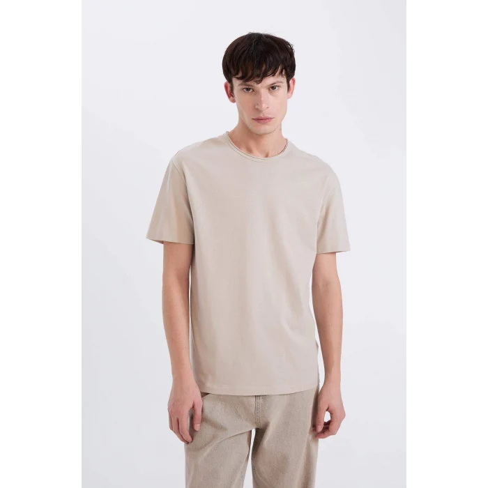 Defacto D5481 Bej %100 Pamuk Regular Fit Bisiklet Yaka Kısa Kollu Ağır Kumaş Tişört