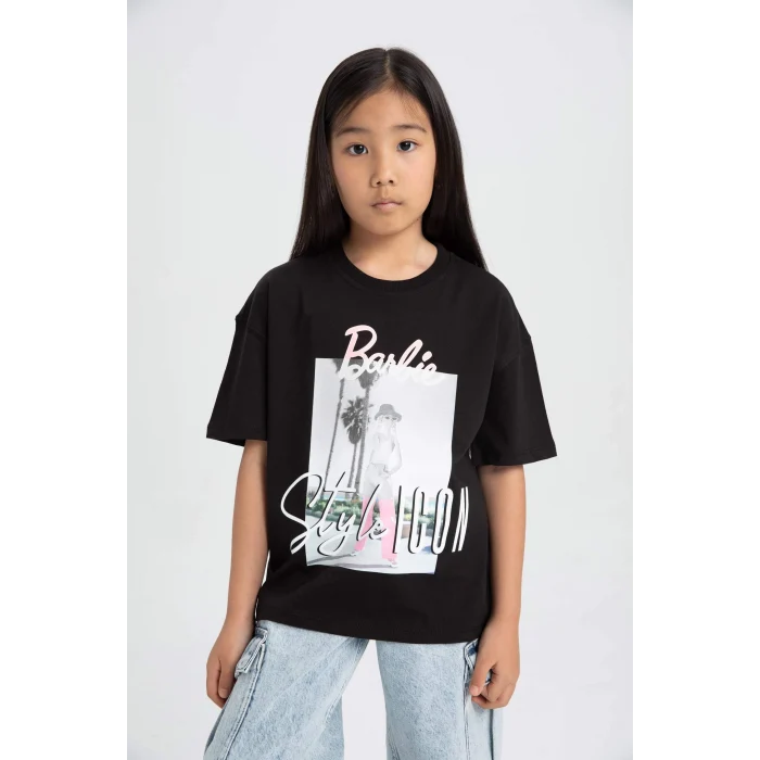 Defacto C6306 Siyah Kız Çocuk Barbie Relax Fit Bisiklet Yaka Kısa Kollu Tişört