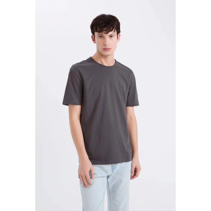 Defacto D5481 Antrasit %100 Pamuk Regular Fit Bisiklet Yaka Kısa Kollu Ağır Kumaş Tişört
