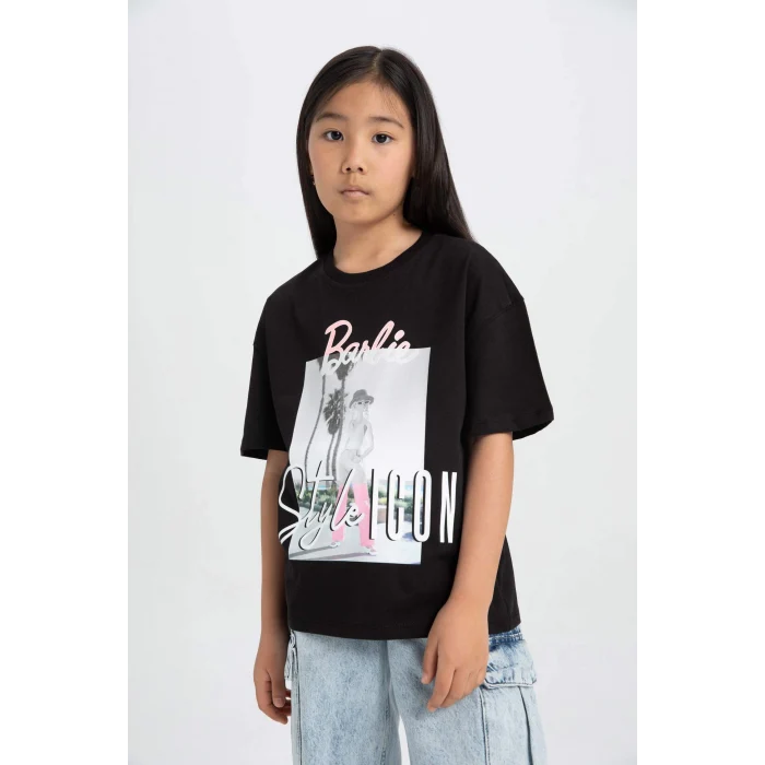 Defacto C6306 Siyah Kız Çocuk Barbie Relax Fit Bisiklet Yaka Kısa Kollu Tişört
