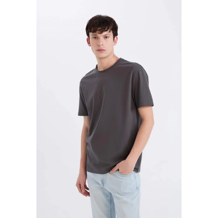 Defacto D5481 Antrasit %100 Pamuk Regular Fit Bisiklet Yaka Kısa Kollu Ağır Kumaş Tişört