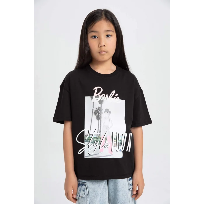 Defacto C6306 Siyah Kız Çocuk Barbie Relax Fit Bisiklet Yaka Kısa Kollu Tişört