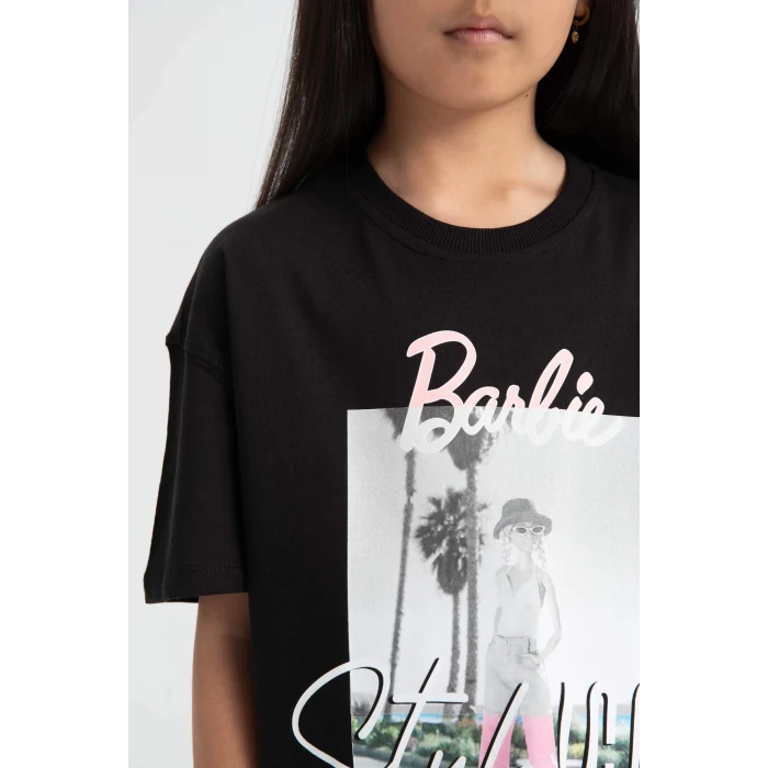 Defacto C6306 Siyah Kız Çocuk Barbie Relax Fit Bisiklet Yaka Kısa Kollu Tişört