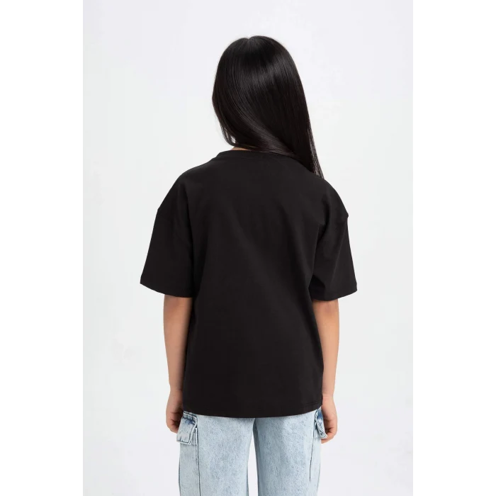 Defacto C6306 Siyah Kız Çocuk Barbie Relax Fit Bisiklet Yaka Kısa Kollu Tişört