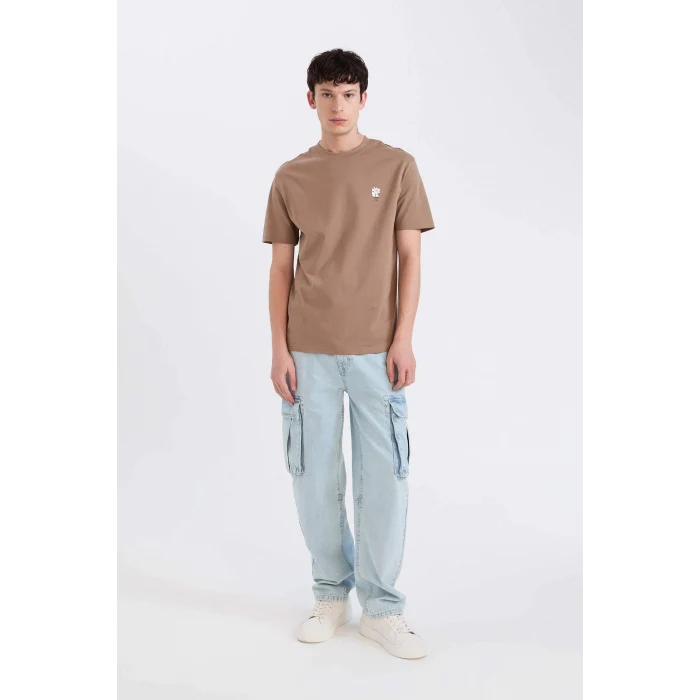 Defacto D5564 Kahve %100 Pamuk Regular Fit Bisiklet Yaka Baskılı Kısa Kollu Tişört