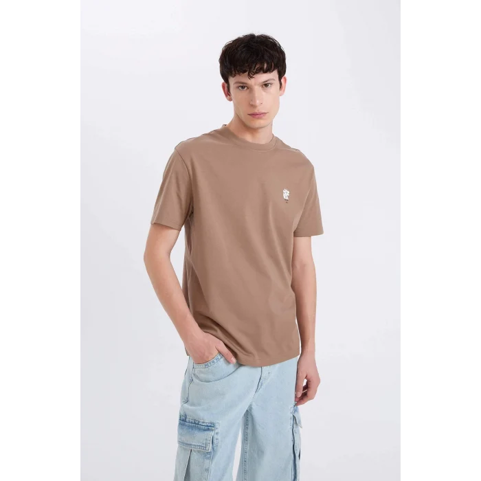 Defacto D5564 Kahve %100 Pamuk Regular Fit Bisiklet Yaka Baskılı Kısa Kollu Tişört