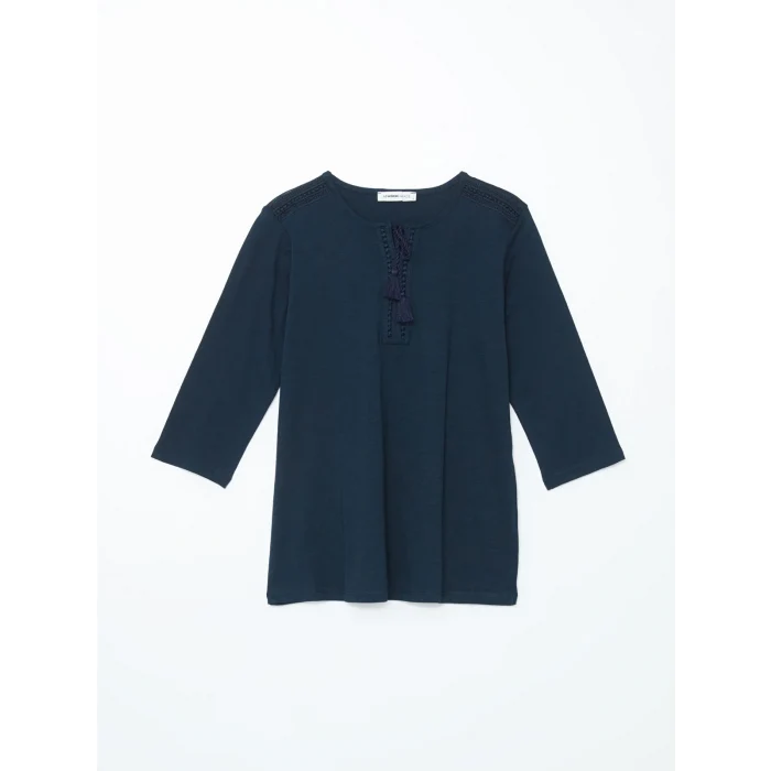 LCW Grace Lacivert Bağlamalı Yaka Nakışlı Kadın Bluz