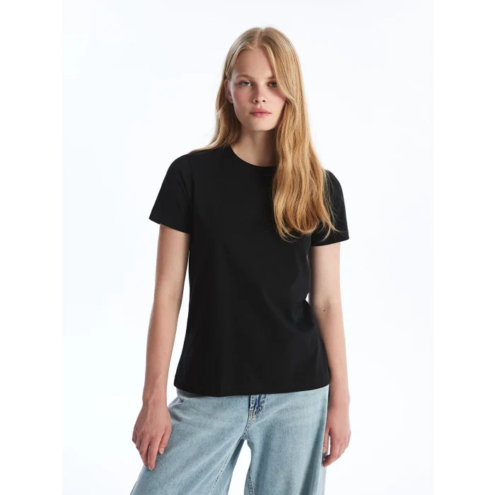 LCW Vision Siyah Bisiklet Yaka Düz Kısa Kollu Kadın Tişört