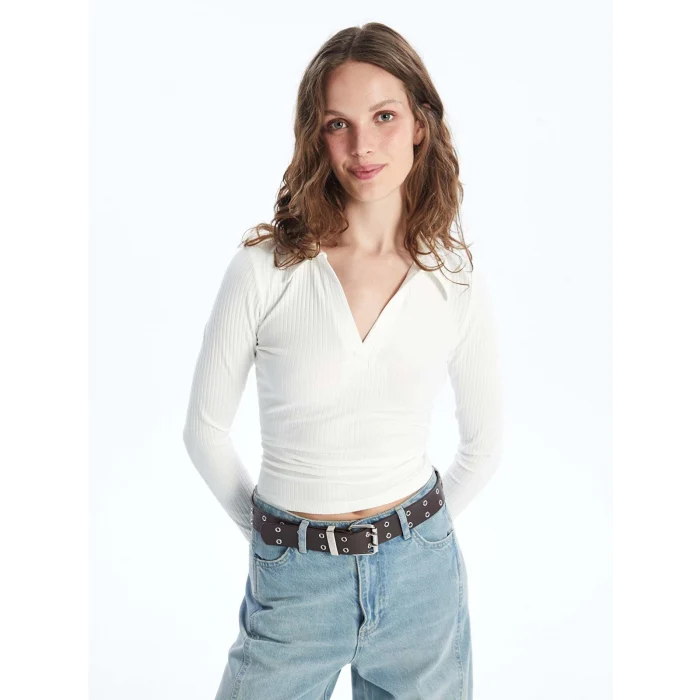LCW Vision Ekru Polo Yaka Düz Uzun Kollu Kadın Body