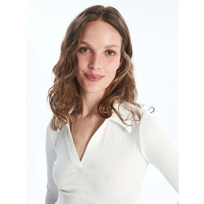 LCW Vision Ekru Polo Yaka Düz Uzun Kollu Kadın Body