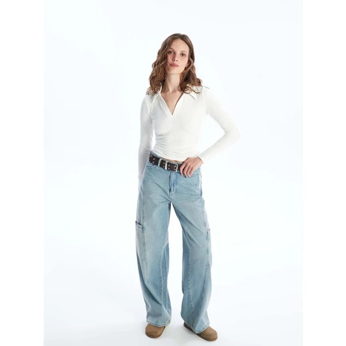 LCW Vision Ekru Polo Yaka Düz Uzun Kollu Kadın Body