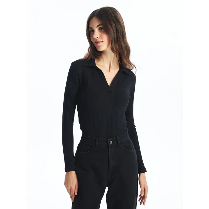 LCW Vision Siyah Polo Yaka Düz Uzun Kollu Kadın Body